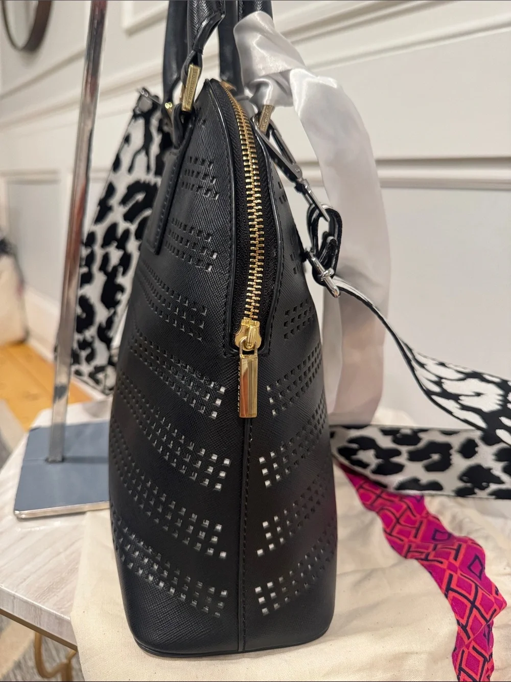 Tory Burch Bag Robinson Black Leather Perforated Dome Top Handle Bag